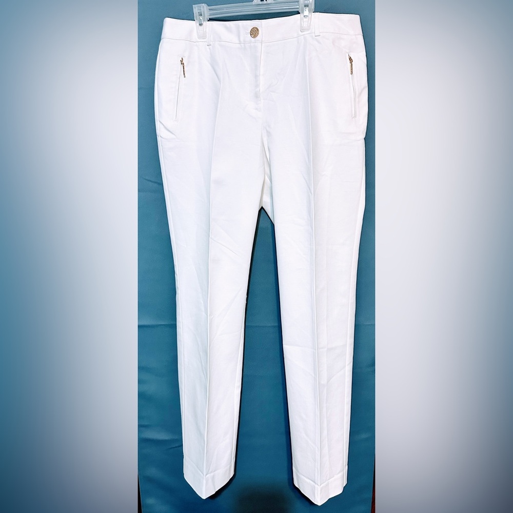 New Anne Klein Womens White Woven Dress Pants w/Gold Accents, Zip Pockets Sz12